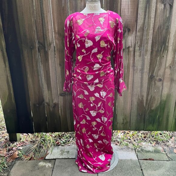 Vintage 80s THE SILK FARM Dolman Long Dress Fuchsia Chiffon Gold Silver Lame S - Picture 1 of 12